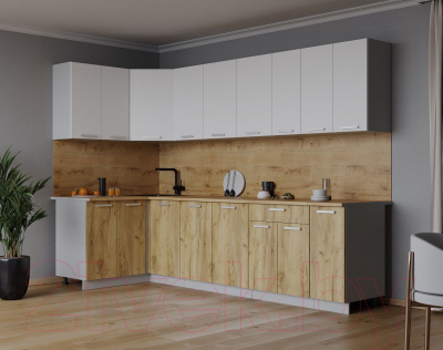 Кухонный гарнитур Интерлиния Мила Лайт 1.2x2.7 (белый платинум/дуб золотой/дуб бунратти)