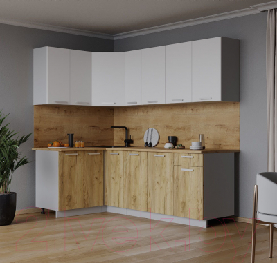 Кухонный гарнитур Интерлиния Мила Лайт 1.2x2.1 (белый платинум/дуб золотой/дуб бунратти)