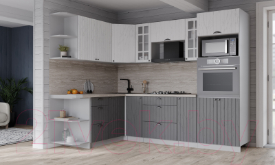 Кухонный гарнитур Интерлиния Берес 1.68x2.4 ВТ левая (дуб полярный/дуб серый/травертин серый)