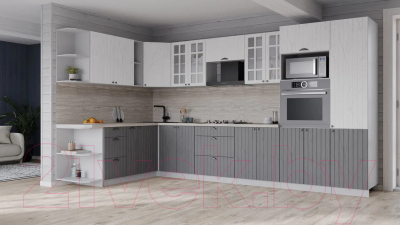 Кухонный гарнитур Интерлиния Берес 1.88x3.4 ВТ левая (дуб полярный/дуб серый/травертин серый)