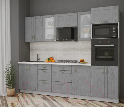 Кухонный гарнитур Интерлиния Мила Крафт 2.6 (дуб серый/дуб серый/травертин серый)