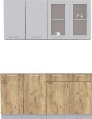 Кухонный гарнитур Интерлиния Мила 16 без столешницы (серебристый/дуб золотой) - фото