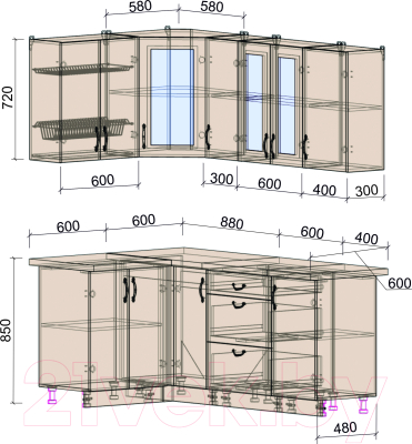 Кухонный гарнитур Интерлиния Мила Крафт 1.2x1.9 (дуб серый/дуб лазурный/травертин серый)