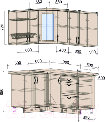 Кухонный гарнитур Интерлиния Мила Крафт 1.2x1.6 (дуб серый/дуб полярный/травертин серый)