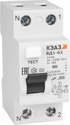 Устройство защитного отключения КЭАЗ ВД1-63 2п 63А 30мА тип AC 2263 УХЛ4 / 221907 - фото