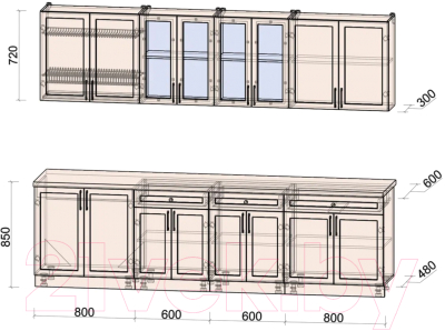 Кухонный гарнитур Интерлиния Тренд 2.8А (мята/мята/дуб бунратти)