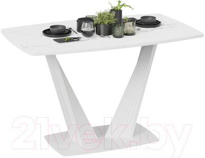 Обеденный стол ТриЯ Фабио тип 1 раздвижной (белый матовый/стекло матовое белый мрамор)