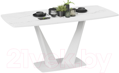 Обеденный стол ТриЯ Фабио тип 1 раздвижной (белый матовый/стекло матовое белый мрамор)