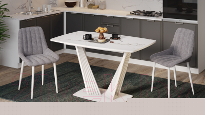 Обеденный стол ТриЯ Фабио тип 1 раздвижной (белый матовый/стекло матовое белый мрамор)