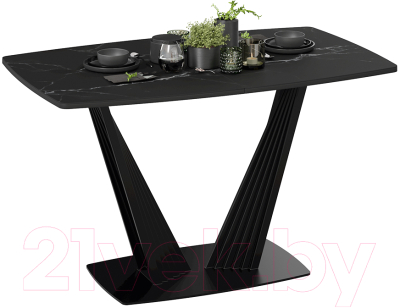 Обеденный стол ТриЯ Фабио тип 1 раздвижной (черный муар/стекло матовое черный мрамор)