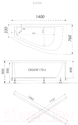 Ванна акриловая Triton Бэлла 140x76 L Базовая Экстра Flat