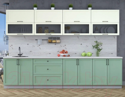 Кухонный гарнитур Интерлиния Тренд 3.2Б (мята/белый/бискайская сосна)