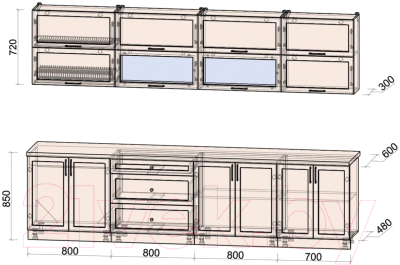 Кухонный гарнитур Интерлиния Тренд 3.1Б (океан/океан/дуб бунратти)