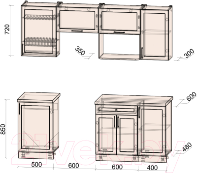 Кухонный гарнитур Интерлиния Тренд 2.1В (мята/мята/дуб бунратти)
