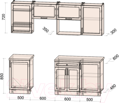 Кухонный гарнитур Интерлиния Тренд 2.2В (мята/мята/дуб бунратти)