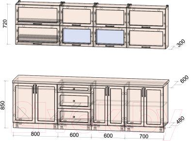 Кухонный гарнитур Интерлиния Тренд 2.7В (мята/мята/дуб бунратти)