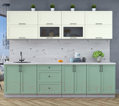 Кухонный гарнитур Интерлиния Тренд 2.7В (мята/белый/бискайская сосна)