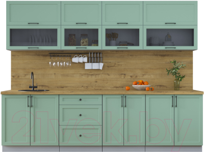 Кухонный гарнитур Интерлиния Тренд 2.8В (мята/мята/дуб бунратти) - фото
