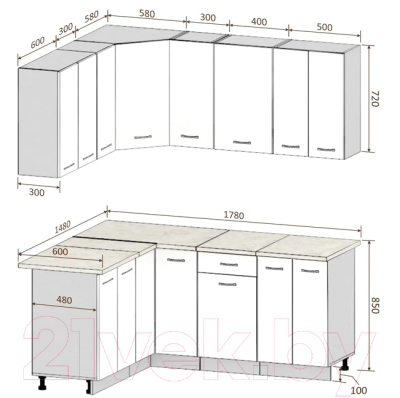 Кухонный гарнитур Кортекс-мебель Корнелия Лира 1.5x1.8 (салатовый/оникс/марсель)