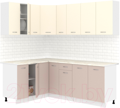 Кухонный гарнитур Кортекс-мебель Корнелия Лира 1.5x2.1 (крем/капучино/королевский опал) - фото