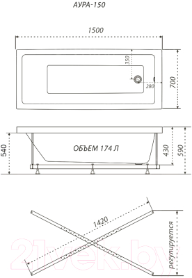 Ванна акриловая Triton Аура Базовая 150x70 Flat (с гидромассажем)