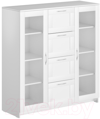 Тумба Mio Tesoro Сириус 2 двери со стеклом и 4 ящика 117x123 2.02.03.400.1 (белый) - фото