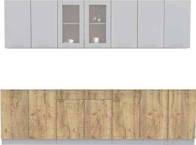 Кухонный гарнитур Интерлиния Мила 28 без столешницы (серебристый/дуб золотой) - фото