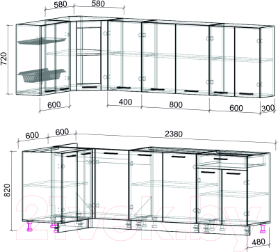 Кухонный гарнитур Интерлиния Мила 12x24 без столешницы (белый платинум)