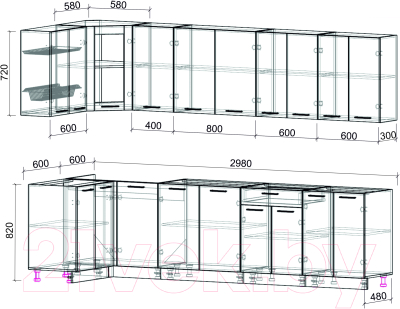 Кухонный гарнитур Интерлиния Мила 12x30 без столешницы (бетон)