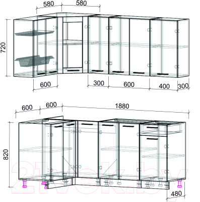Кухонный гарнитур Интерлиния Мила 12x19 без столешницы (белый платинум/бетон)