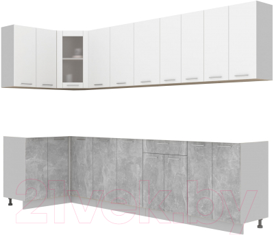 Кухонный гарнитур Интерлиния Мила 12x30 без столешницы (белый платинум/бетон) - фото