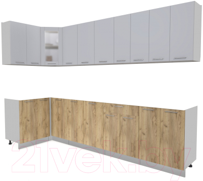 Кухонный гарнитур Интерлиния Мила 12x30 без столешницы (серебристый/дуб золотой) - фото