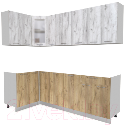 Кухонный гарнитур Интерлиния Мила 12x23 без столешницы (дуб белый/дуб золотой) - фото