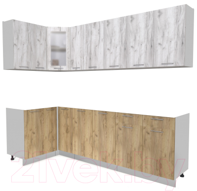 Кухонный гарнитур Интерлиния Мила 12x25 без столешницы (дуб белый/дуб золотой) - фото