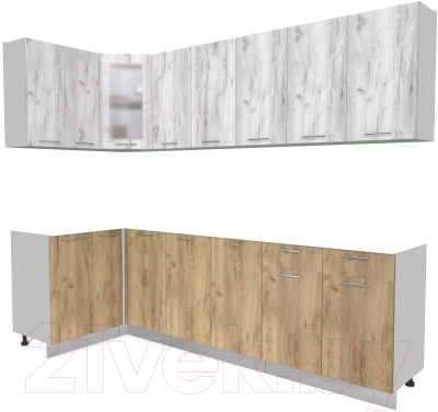 Кухонный гарнитур Интерлиния Мила 12x26 без столешницы (дуб белый/дуб золотой) - фото