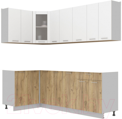 Кухонный гарнитур Интерлиния Мила 12x23 без столешницы (белый платинум/дуб золотой) - фото