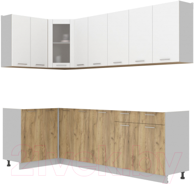 Кухонный гарнитур Интерлиния Мила 12x25 без столешницы (белый платинум/дуб золотой) - фото