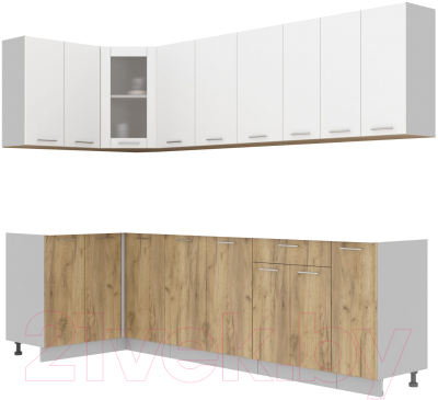 Кухонный гарнитур Интерлиния Мила 12x27 без столешницы (белый платинум/дуб золотой) - фото