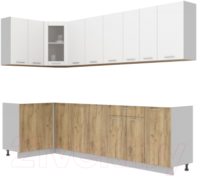 Кухонный гарнитур Интерлиния Мила 12x28 без столешницы (белый платинум/дуб золотой) - фото