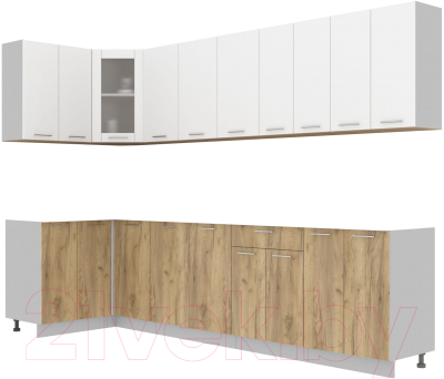 Кухонный гарнитур Интерлиния Мила 12x30 без столешницы (белый платинум/дуб золотой) - фото