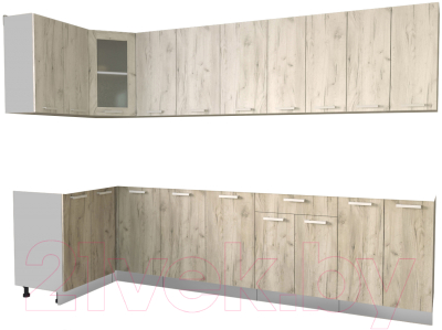 Кухонный гарнитур Интерлиния Мила 12x30 без столешницы (дуб белый/дуб серый) - фото