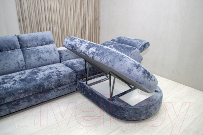 Диван угловой Петрамебель Браво комфорт правый с беспроводной зарядкой (плюш стил светло-голубой велюр)