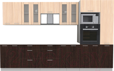 Кухонный гарнитур Интерлиния Мила 3.4 ВТ без столешницы (дуб молочный/дуб венге) - фото