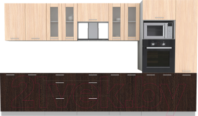 Кухонный гарнитур Интерлиния Мила 3.6 ВТ без столешницы (дуб молочный/дуб венге) - фото