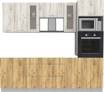 Кухонный гарнитур Интерлиния Мила 2.4 ВТ без столешницы (дуб белый/дуб золотой) - фото