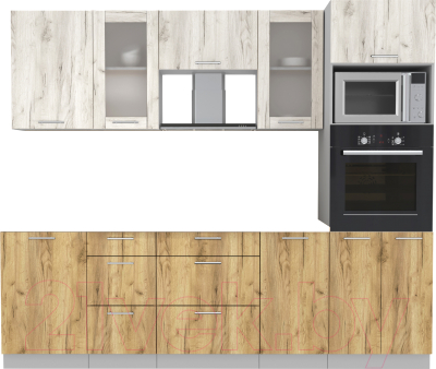 Кухонный гарнитур Интерлиния Мила 2.5 ВТ без столешницы (дуб белый/дуб золотой) - фото