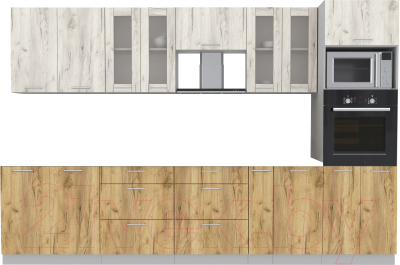 Кухонный гарнитур Интерлиния Мила 3.2 ВТ без столешницы (дуб белый/дуб золотой) - фото