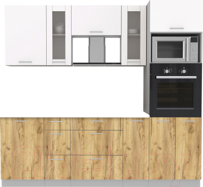 Кухонный гарнитур Интерлиния Мила 2.3 ВТ без столешницы (белый платинум/дуб золотой) - фото