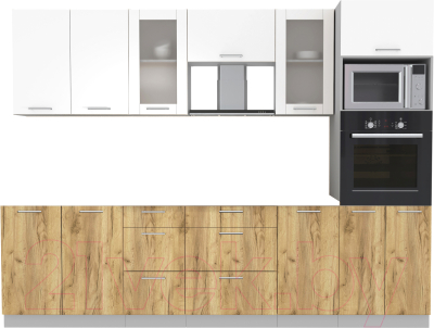 Кухонный гарнитур Интерлиния Мила 2.8 ВТ без столешницы (белый платинум/дуб золотой) - фото