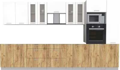 Кухонный гарнитур Интерлиния Мила 3.6 ВТ без столешницы (белый платинум/дуб золотой) - фото